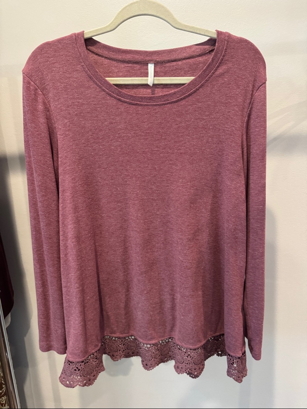 Women's Long Sleeve Knit Top with Crochet Hem - Mauve Pink